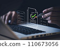 Businessman use smartpen checklist on e-document. Document Management System (DMS). Digital online document database and paperless office. Folder process automation to efficiently manage file 110673056