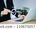 Approved e-document. Businessman assessment for certificate. Digital online documents with sign correct. Guarantee, Quality assurance, standardization. Customer service evaluation satisfaction 110673057