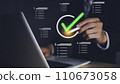 Approved e-document. Businessman assessment for certificate. Digital online documents with sign correct. Guarantee, Quality assurance, standardization. Customer service evaluation satisfaction 110673058