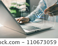 Approved e-document. Businessman assessment for certificate. Digital online documents with sign correct. Guarantee, Quality assurance, standardization. Customer service evaluation satisfaction 110673059