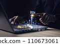 2024 Business growing with virtual digital graphics line increase arrow. Financial balance sheet. Stock, Cryptocurrency chart trader, trading, investment. Businessman calculating financial data 110673061
