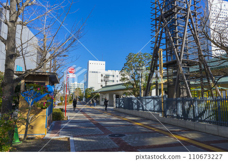 Tokyo, Japan - January 5,2020 : Landscape of Ryogoku Kokugikan ( boxing for Tokyo summer olympic 2020 ) in Tokyo, Japan on January 5,2020. Tokyo, Japan - January 5,2020 : Landscape of Ryogoku Kokugikan ( boxing for Tokyo summer olympic 2020 ) in Tokyo, Japan on January 5,2020. 110673227