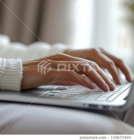 操作膝上型計算機的婦女的手 110673404