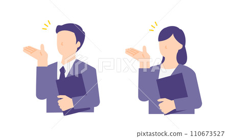 Illustration of a business person holding a binder and guiding customers 110673527