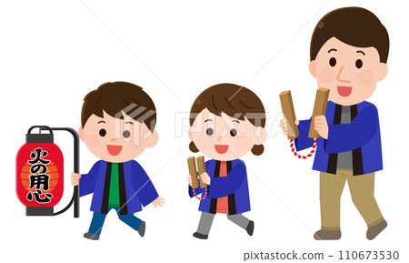 Beware of fire Illustration of a child and a man patrolling at night and hitting oak trees 110673530