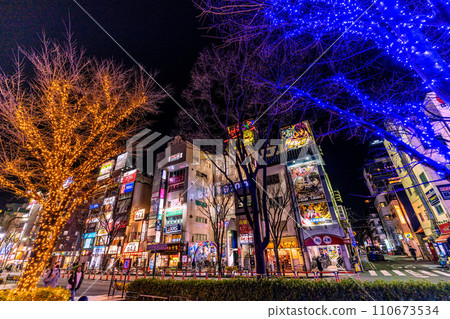 Tokyo cityscape in Japan - View of the downtown area and illuminations in front of Kinshicho Station (north exit) = January 17, 2020 Tokyo cityscape in Japan - View of the downtown area and illuminations in front of Kinshicho Station (north exit) = January 17, 2020 110673534