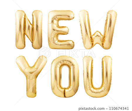 NEW YOU motivational quote made of golden inflatable balloon letters isolated on white background 110674341