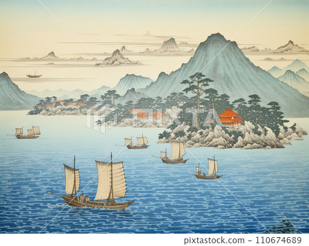 Ukiyo-e style sea illustration 110674689