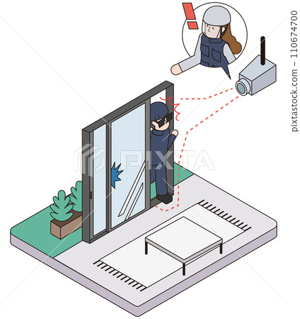 Isometric illustration of home security that uses a surveillance camera to detect suspicious persons and remotely monitor them 110674700