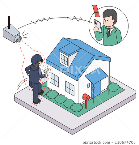 房東使用監視攝影機偵測到可疑人士並收到通知的等軸圖 110674703