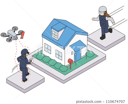Isometric illustration of security staff rushing to detect a suspicious person using a drone and receiving a notification Isometric illustration of security staff rushing to detect a suspicious person using a drone and receiving a notification 110674707
