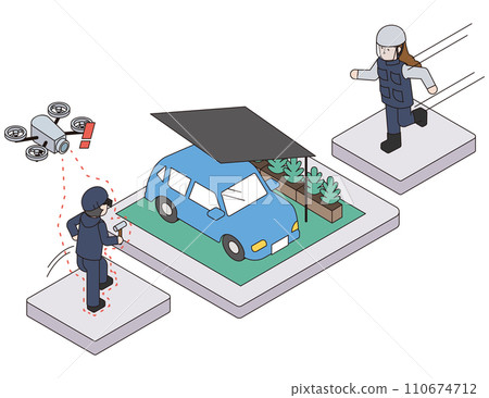 安全人員急於使用無人機偵測可疑人員並收到通知的等軸圖 110674712