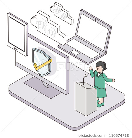 Isometric illustration of a lecturer giving security courses such as cyber attacks Isometric illustration of a lecturer giving security courses such as cyber attacks 110674718