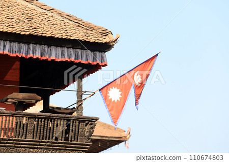 nepali flag on the building of bhaktapur durbar square 110674803
