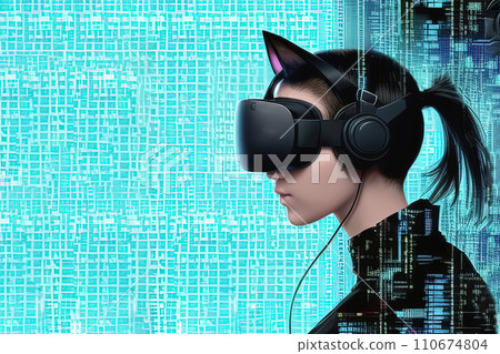 AI-generated content. Futuristic young woman with a VR headset on her head 110674804