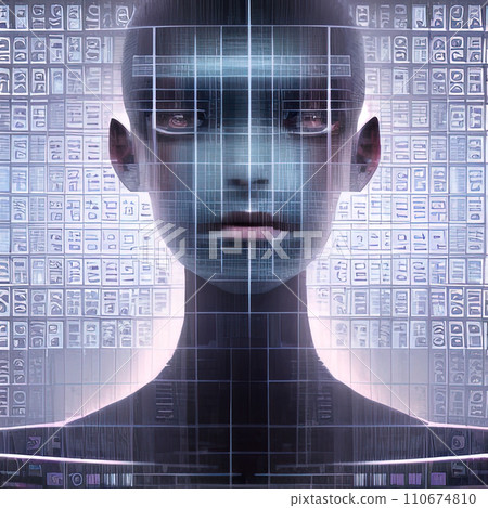 AI-generated content. An alien intelligence is looking at us, using artificial intelligence. 110674810
