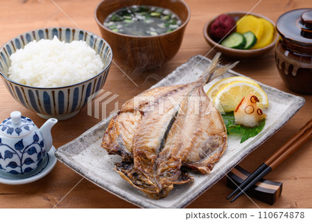 Japanese food, horse mackerel, miso soup, rice, and pickles Japanese food, horse mackerel, miso soup, rice, and pickles 110674878