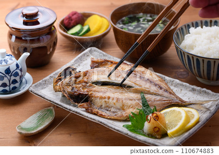 Japanese food, horse mackerel, miso soup, rice, and pickles 110674883