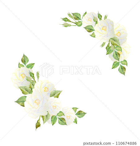 Watercolor illustration of a frame of white roses with leaves, hand drawn. For design of postcards, Watercolor illustration of a frame of white roses with leaves, hand drawn. For design of postcards, 110674886