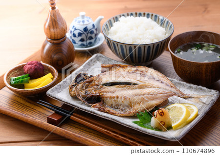 Japanese food, horse mackerel, miso soup, rice, and pickles Japanese food, horse mackerel, miso soup, rice, and pickles 110674896