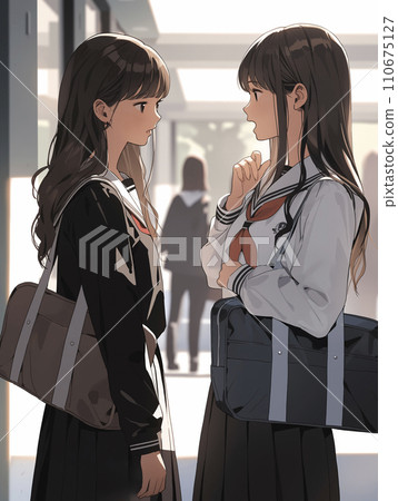 Illustration of two high school girls who are close friends (AI generated image) 110675127