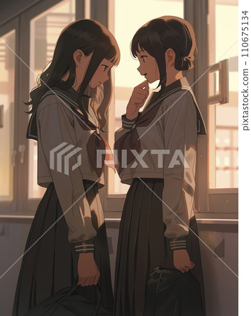 Illustration of two female students staying in the school building and chatting after school (AI generated image) 110675134