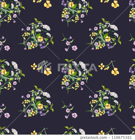 Seamless wild medicinal plant, herbs watercolor pattern isolated on dark background. Floral pattern with millefolium, nettle, pulmonaria, celanine hand drawn. Design for label, package, textile Seamless wild medicinal plant, herbs watercolor pattern isolated on dark background. Floral pattern with millefolium, nettle, pulmonaria, celanine hand drawn. Design for label, package, textile 110675381