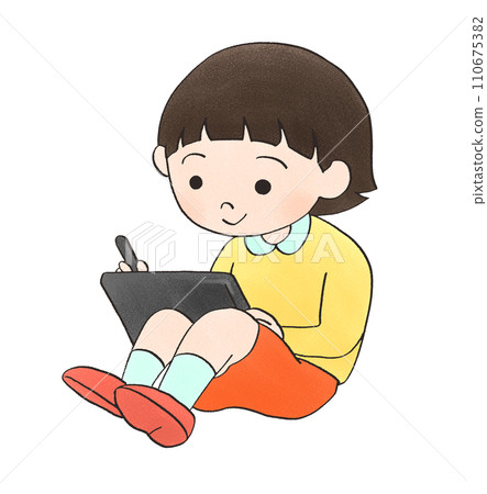 Hand-drawn illustration of a girl drawing and studying on a tablet Hand-drawn illustration of a girl drawing and studying on a tablet 110675382