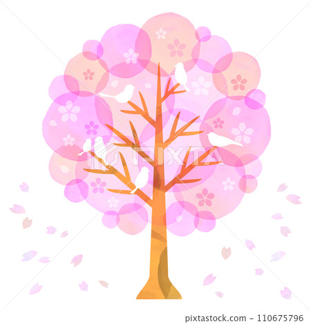 Watercolor cherry blossom tree with falling snowflakes and white birds Watercolor cherry blossom tree with falling snowflakes and white birds 110675796