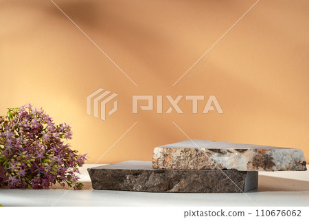 Stone display mockup for advertising against beige background Stone display mockup for advertising against beige background 110676062