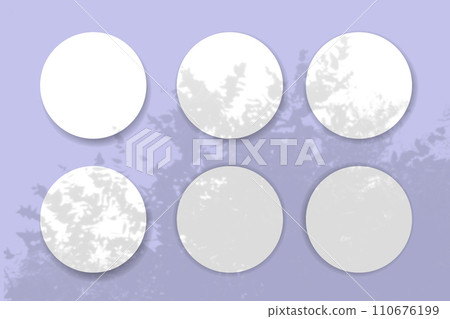 Natural light casts shadows from the plant on 6 round sheets of white textured paper lying on a violet textured background. Mockup 110676199