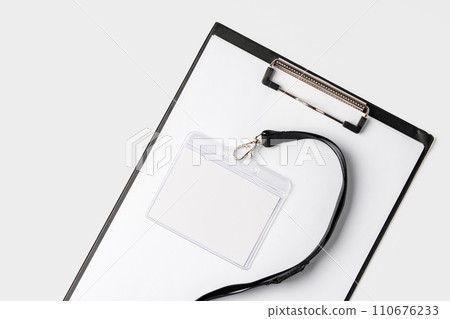 Blank badge card and clipboard on white background Blank badge card and clipboard on white background 110676233