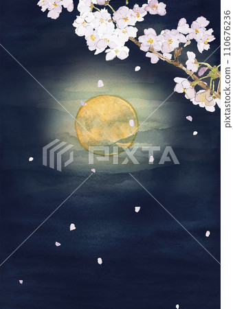 Hand-drawn watercolor illustration of a hazy moonlit night, cherry blossoms, and falling petals, copy space Hand-drawn watercolor illustration of a hazy moonlit night, cherry blossoms, and falling petals, copy space 110676236