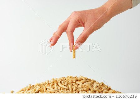 Human hands holding wooden pellets biofuel studio shot Human hands holding wooden pellets biofuel studio shot 110676239