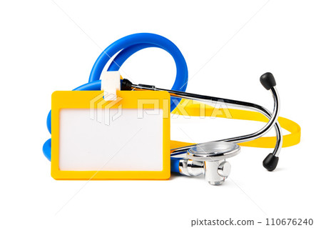 Blank badge and stethoscope on white background Blank badge and stethoscope on white background 110676240