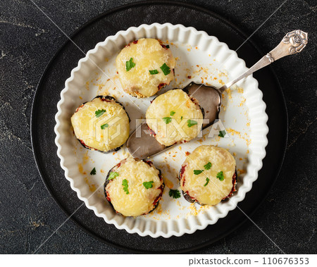 mini eggplant pizzas with tomato sauce and cheese mini eggplant pizzas with tomato sauce and cheese 110676353