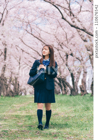 沿著櫻花樹散步的女高中生 110676542