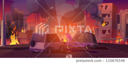 Car crash on street of city at war 110676546