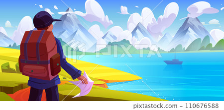 Male tourist with map looking at mountain lake Male tourist with map looking at mountain lake 110676588