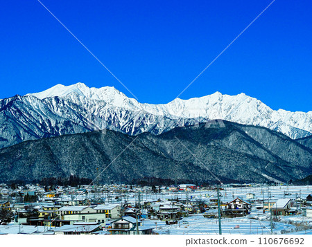 Snowy Omachi city and Northern Alps seen from a hill Snowy Omachi city and Northern Alps seen from a hill 110676692