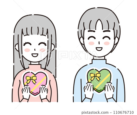 Illustration of a person smiling and holding a heart-shaped gift 2 110676710