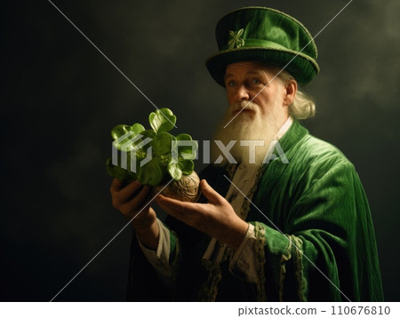 AI-generated content. Saint Patrick dressed as a leprechaun holds a clover in his hands AI 110676810