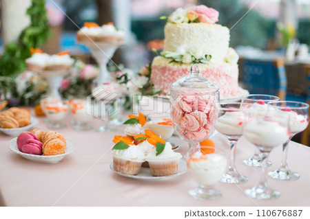Dessert table for a party. Cake, cupcakes, sweetness and flowers Dessert table for a party. Cake, cupcakes, sweetness and flowers 110676887