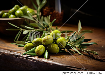 Generative AI Fresh green olives on a wooden table Generative AI Fresh green olives on a wooden table 110677162