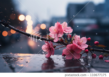 Generative AI Sakura flowers in a city and rain atmosphere 110677175