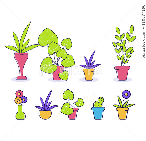 Collection of indoor plants in colorful pots. Flat style houseplants set including succulents and leafy greens. Home decor and gardening vector illustration. Collection of indoor plants in colorful pots. Flat style houseplants set including succulents and leafy greens. Home decor and gardening vector illustration. 110677196