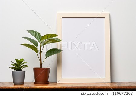 Generative AI An empty frame on a table with indoor flowers 110677208