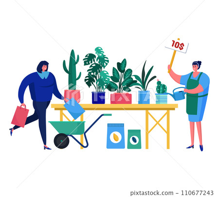 Female customer shopping for plants, wheelbarrow and garden tools sale. Woman vendor selling potted plants, pricing sign for 10 dollars vector illustration. 110677243