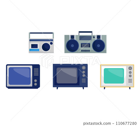 Collection of vintage electronics including radios, boombox, televisions. Retro technology gadgets, old school entertainment vector illustration. Collection of vintage electronics including radios, boombox, televisions. Retro technology gadgets, old school entertainment vector illustration. 110677280