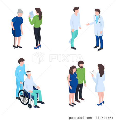 Elderly woman reading, patient talking to doctor, caregiver with senior man in wheelchair, pregnant couple with doctor. Medical consultation, healthcare settings vector illustration. Elderly woman reading, patient talking to doctor, caregiver with senior man in wheelchair, pregnant couple with doctor. Medical consultation, healthcare settings vector illustration. 110677363